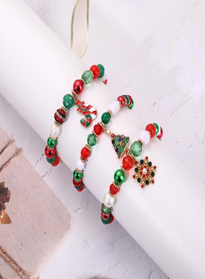 NLCAC Christmas Bracelets for Women Xmas Tree Snowflake Candy Cane Charm Bracelets Red Green White Beaded Stretch Bracelets Christmas Jewelry Accessory Gifts - Image 2