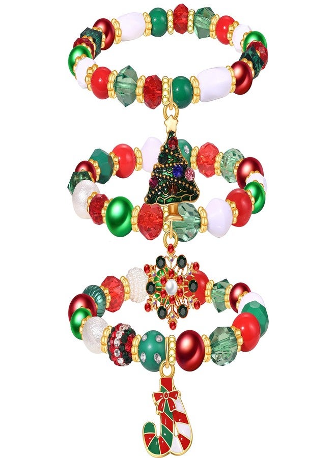 NLCAC Christmas Bracelets for Women Xmas Tree Snowflake Candy Cane Charm Bracelets Red Green White Beaded Stretch Bracelets Christmas Jewelry Accessory Gifts - Image 1