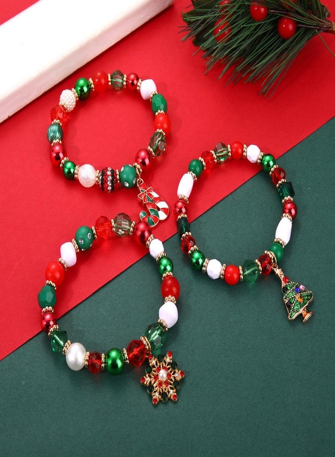 NLCAC Christmas Bracelets for Women Xmas Tree Snowflake Candy Cane Charm Bracelets Red Green White Beaded Stretch Bracelets Christmas Jewelry Accessory Gifts - Image 5