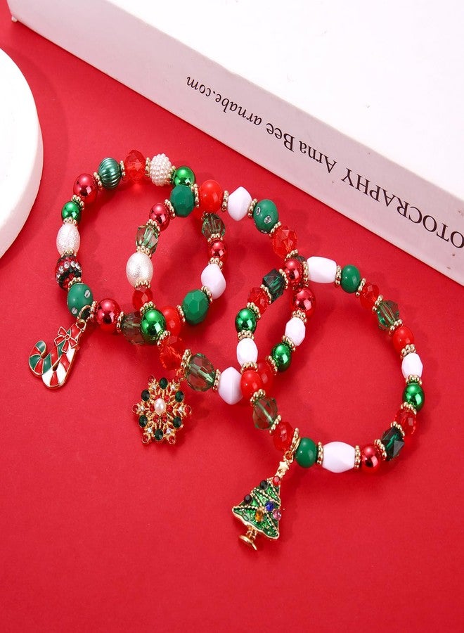 NLCAC Christmas Bracelets for Women Xmas Tree Snowflake Candy Cane Charm Bracelets Red Green White Beaded Stretch Bracelets Christmas Jewelry Accessory Gifts - Image 4