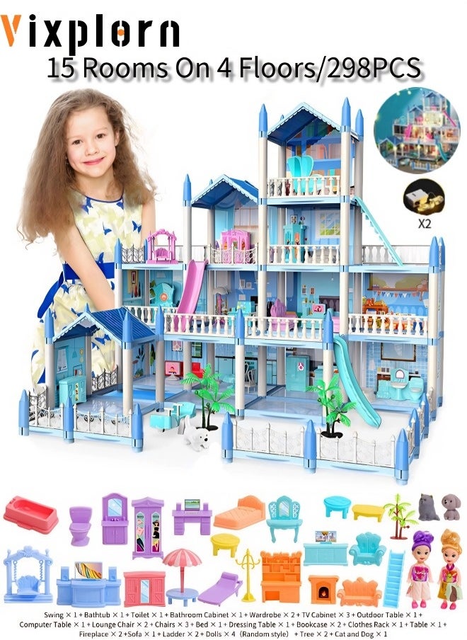 Vixplorn DIY dolls house toys for pretend play, fairy princess simulation castle DIY dolls house 4 floors 15 rooms 298 pieces with 2 strings of coloured lights Children's pretend play toys for girls Princess castle simulation games Suitable for children's gifts Gifts Suitable for children over 3 years old  - Image 1
