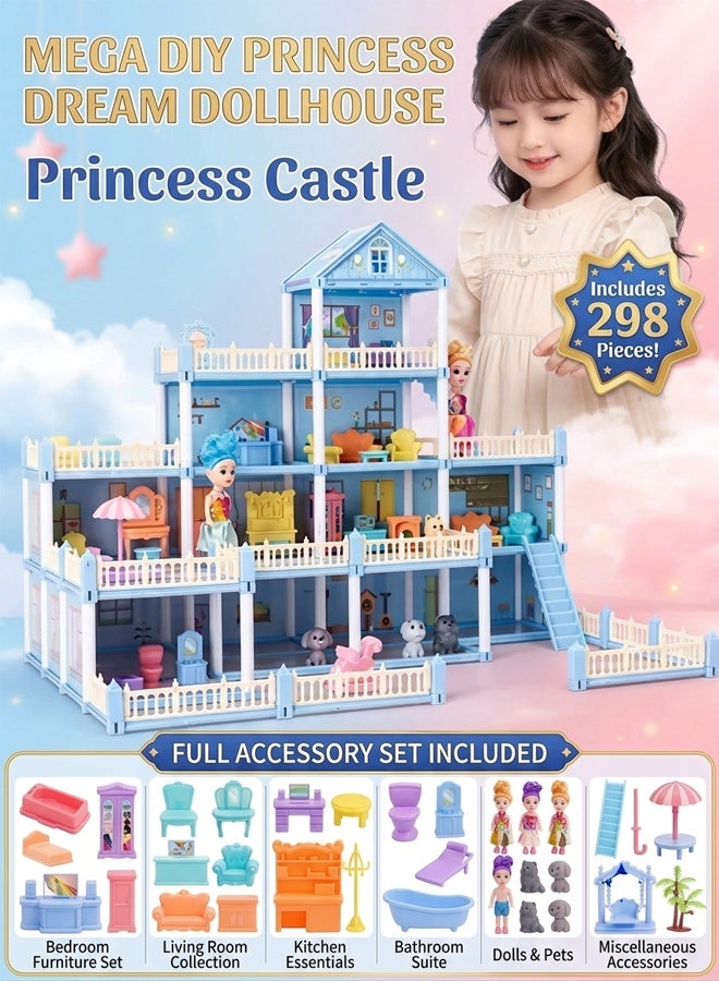 Vixplorn 298-Piece Large Dollhouse Toy Set, Diy Princess Castle, Four-Tier Princess Castle Toy With Two Strings Of Colored Lights, Children'S Role-Playing Toy, Girl'S Game, Girl'S Toy, Suitable As A Girl'S Birthday Gift And Holiday Gift. - Image 1