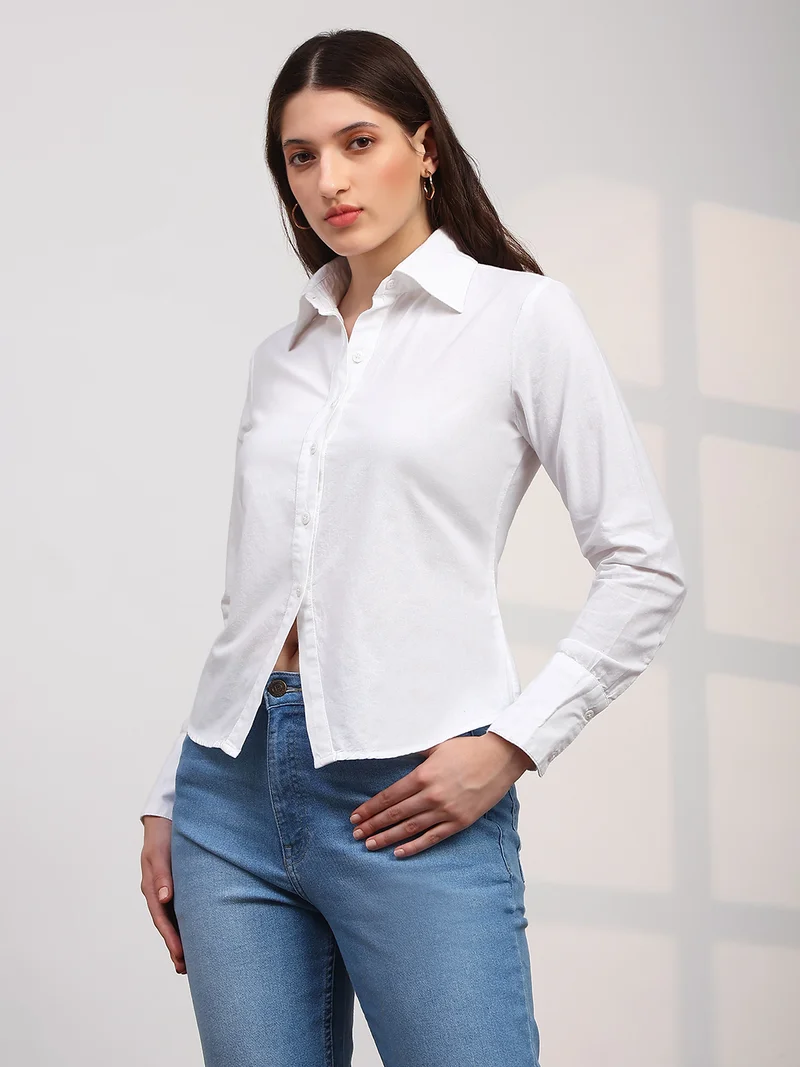 Globus Women White Spread Collar Cuffed Sleeves Back Tie-Up Detail Curved Hem Workwear Shirt