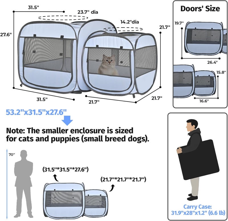EighteenTek 2-in-1 Portable Cat Playpen, Pop up Large Kitten Playpen, No Assembly Need, Pet Cat Dog Tent Crates Kennel Cage, Cats Enclosure for Dog and Puppy Indoor Outdoor(No Divider, Unified Space) - Image 5