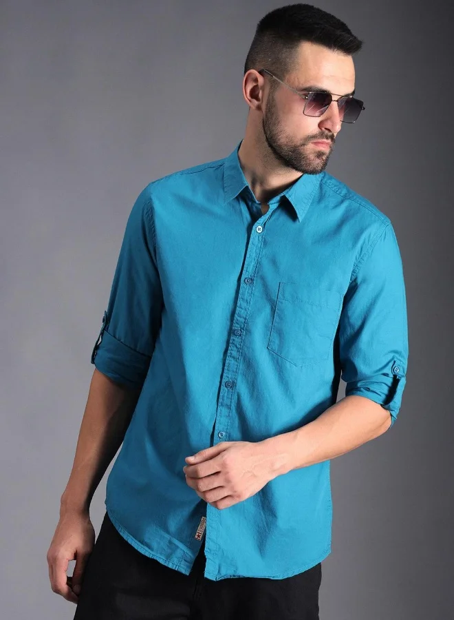 هاي ستار Men's Blue 100% Cotton Solid Pattern Button Down Regular Fit Shirt