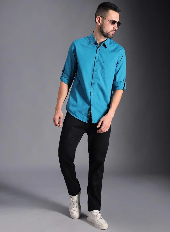 هاي ستار Men's Blue 100% Cotton Solid Pattern Button Down Regular Fit Shirt