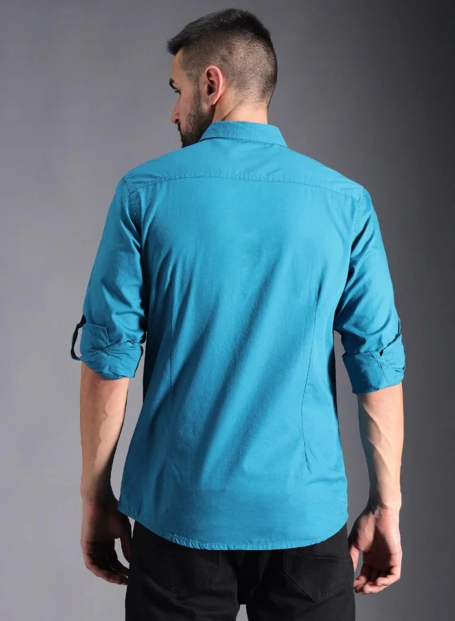 هاي ستار Men's Blue 100% Cotton Solid Pattern Button Down Regular Fit Shirt