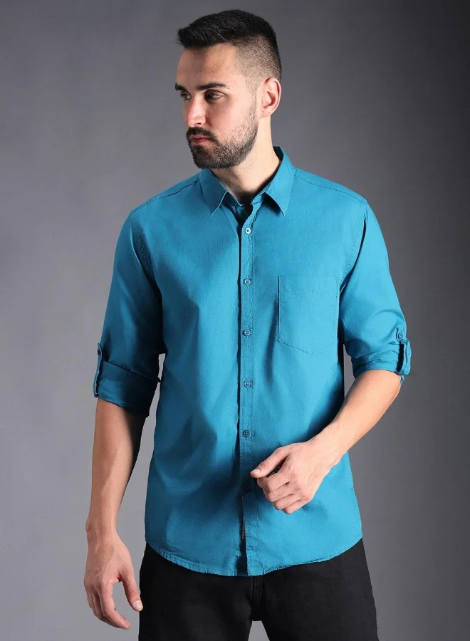 هاي ستار Men's Blue 100% Cotton Solid Pattern Button Down Regular Fit Shirt