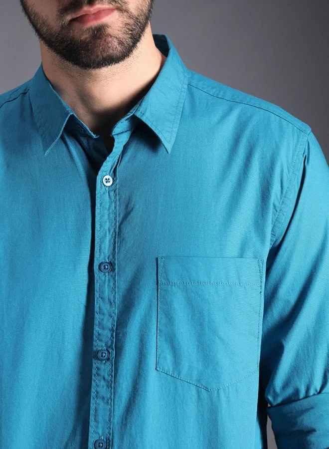 هاي ستار Men's Blue 100% Cotton Solid Pattern Button Down Regular Fit Shirt