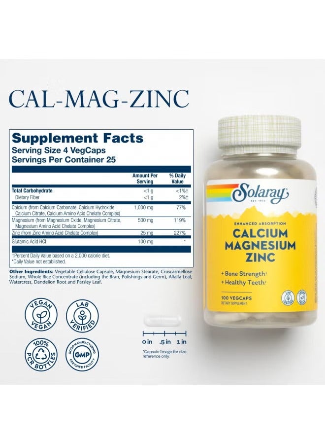 SOLARAY Calcium Magnesium Zinc, Bone & Muscle Support Formula, 100 Vegan Capsules - Image 2