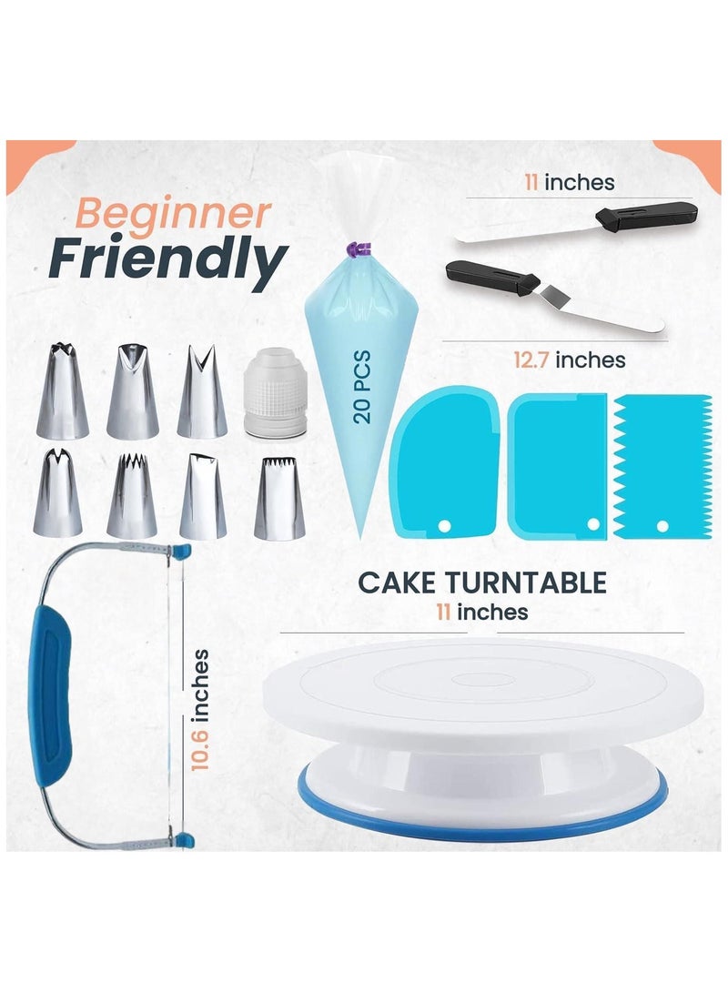 35PCs Cake Turntable and Leveler-Rotating Cake Stand with Non Slip pad-7 Icing Tips and 20 Bags-Straight & Offset Spatula-3 Sc Set-Baking Tools(Blue)  - Image 2
