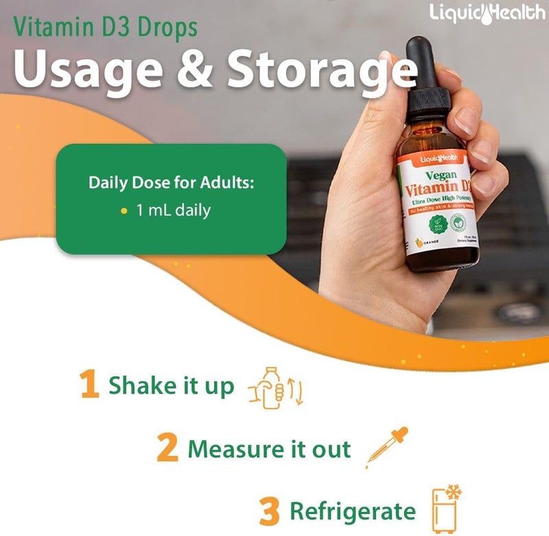 LIQUIDHEALTH قطرات فيتامين د3 5000 وحدة دولية من LIQUIDHEALTH عضوي من وزارة الزراعة الأمريكية لفيتامين د السائل للبالغين والأطفال نباتي لدعم جهاز المناعة وصحة العظام ودعم المزاج والبشرة الصحية صنع في الولايات المتحدة 2 أونصة - Image 4
