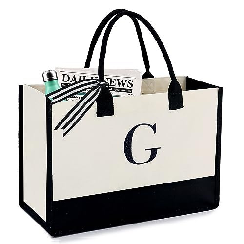 BeeGreen حقيبة قماشية قابلة للتخصيص بتطريز الأحرف الأولى من BeeGreen هدايا شخصية لحقيبة عيد الميلاد والشاطئ والعمل وحفلات الزفاف للنساء والمعلمات والأمهات والأصدقاء وزملاء العمل والأخوات والممرضات حقائب لطيفة رائعة (الحرف G) - Image 1