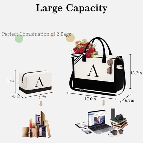 YOOLIFE Birthday Gifts for Sister - Initial Canvas Tote Bag & Makeup Bag, Letter D - Image 4