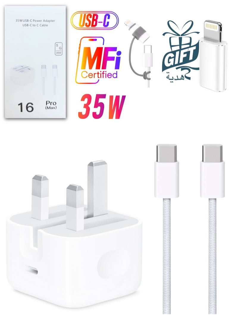SH PROTECT TOUCH Genuine 35W Fast  Charger  [MFi Certified] 35W PD Adapter USB C Plug UK With 2in1 Cable , C to C 60w and Lightning  Adapter-27W for iPhone 16/15/14/13/12 /11Pro/Max And More  - Image 1