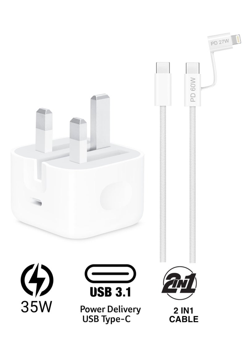 SH PROTECT TOUCH Genuine 35W Fast  Charger For iPhone 17  Series [MFi Certified] 35W PD Adapter USB C Plug UK With 2in1 Cable , C to C 60w and Lightning  Adapter-27W for iPhone 17/16/15/14/13/12 /11Pro/Max And More - Image 1