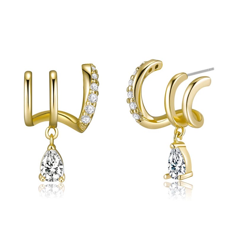 Obidos 14K Gold Plated Triple Huggie Earrings with Illusion Studs | Hypoallergenic Hoops for Women - Image 1