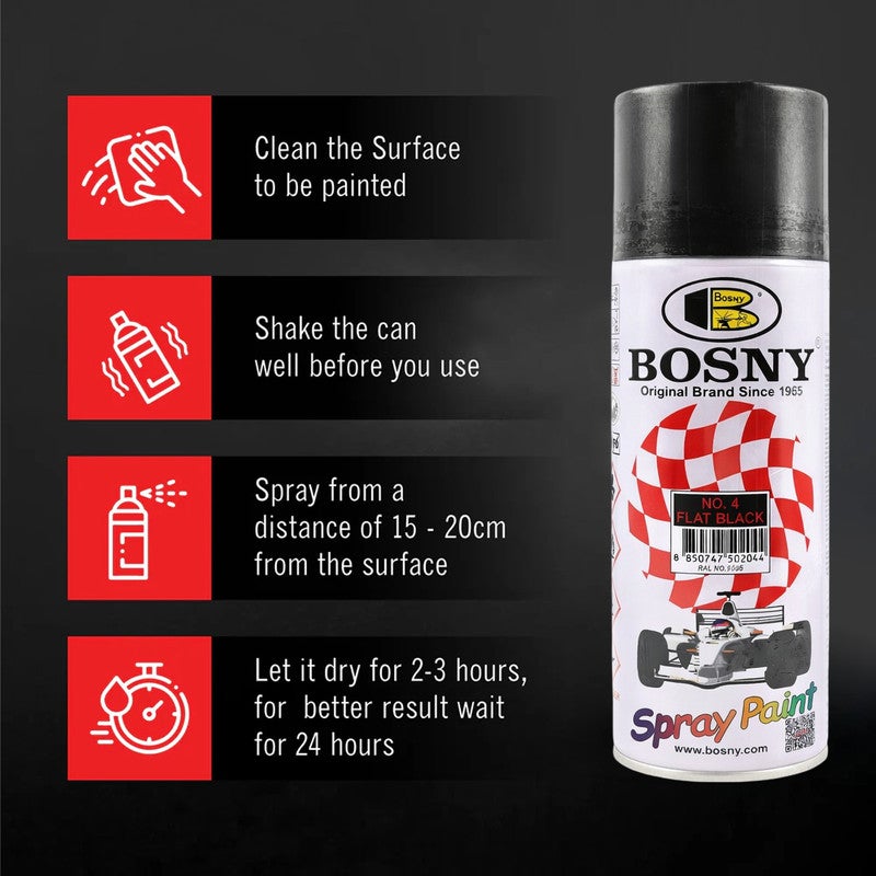 BOSNY No.4 Flat Black Spray Paint (2 Pcs Combo) – Multi-Surface Aerosol Paint for Metal, Wood, Wall, Glass & Automotive Touch-Up | Quick Dry, High Gloss Finish, Long Lasting DIY & Industrial Spray Paint - Image 3