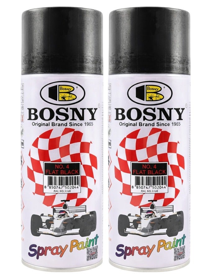 BOSNY No.4 Flat Black Spray Paint (2 Pcs Combo) – Multi-Surface Aerosol Paint for Metal, Wood, Wall, Glass & Automotive Touch-Up | Quick Dry, High Gloss Finish, Long Lasting DIY & Industrial Spray Paint - Image 1