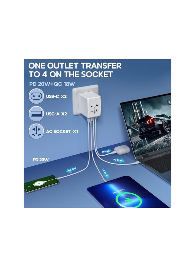promass Universal Travel Adapter Worldwide with 2 USB C and 2 USB A Ports, Universal Plug Adaptor UK to World, International Travel Adapter for Multi Countries EU, USA, UK, Australia, Thailand etc - Image 3