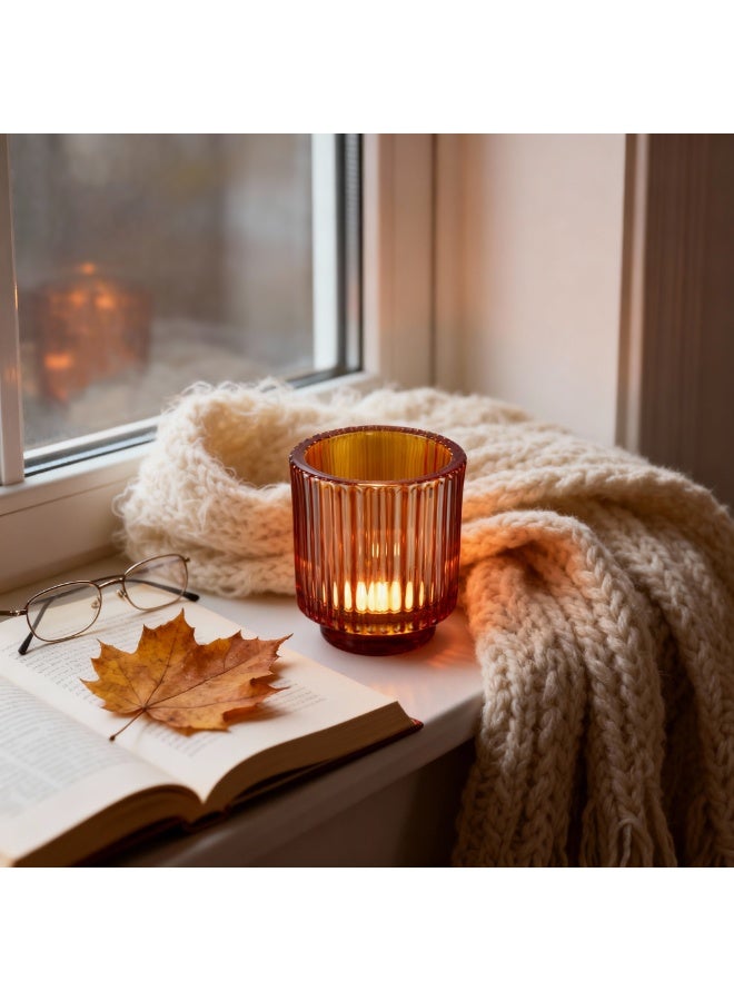 SKYLINK 6Pack Amber Glass Votive Candle Holders, Fluted Tealight Candle Holders with Pedestal Base Decorative Candle Cups for Weddings, Table Centerpieces & Home Decor - Image 3