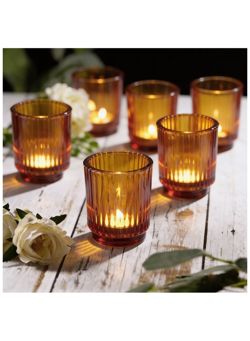 SKYLINK 6Pack Amber Glass Votive Candle Holders, Fluted Tealight Candle Holders with Pedestal Base Decorative Candle Cups for Weddings, Table Centerpieces & Home Decor - Image 1