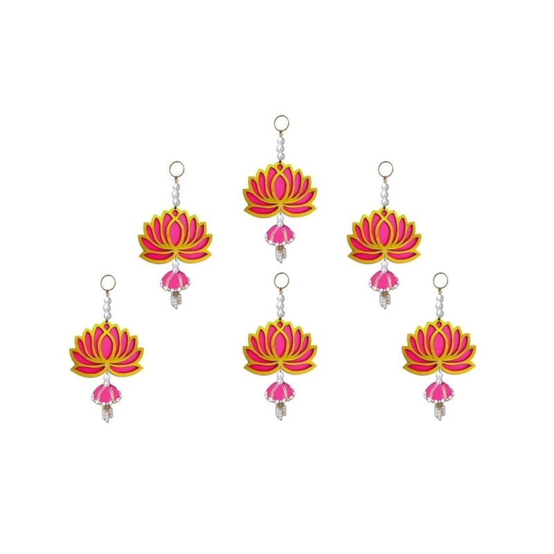 suvasane Suvasane Handmade Lotus Wall Decor PinkRani Color Lotuses for Home Diwali Wedding Festival Decoration Jhumki Style Hangings for Temple and Pooja Elegant and Traditional Spiritual Decor Set of 6  - Image 1