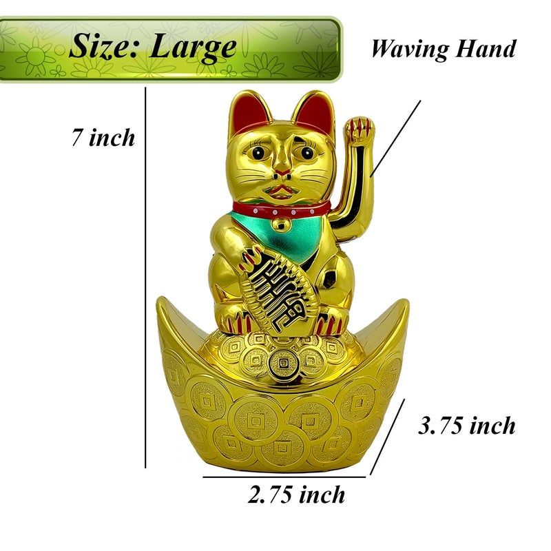 Aakriti Aakriti Battery Operated Feng Shui Lucky Cat Sitting On The Boat with Waving Arm for Health Wealth Prosperity Battery not Included Large  - Image 2