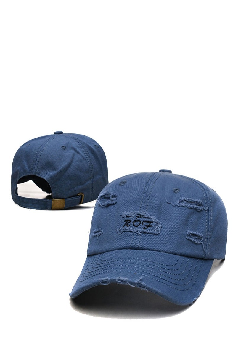 Blue Distressed Baseball Cap with "ROF" Embroidery