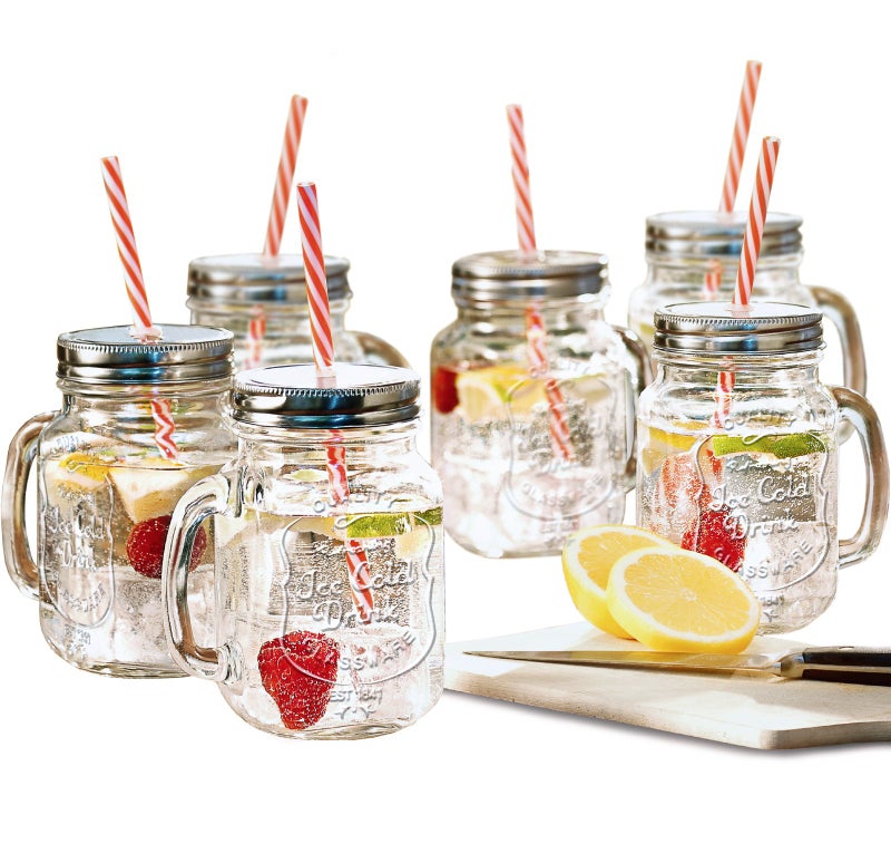Estilo Glass Mason Jars with Handles, Lid and Straw 16 oz | Drinking Glasses Cups Mug Set for Iced Coffee, Tea & Smoothie - Set of 6 - Image 1