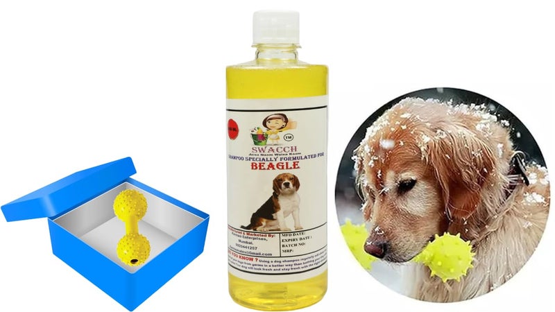 swacch Beagle Dog Shampoo + Dumbbell Toy I Durable Rubber Dog Toy for Chewing I Playing,Teeth Cleaning & Training Toy I Combo Pack I 500ml Lemon - Image 1