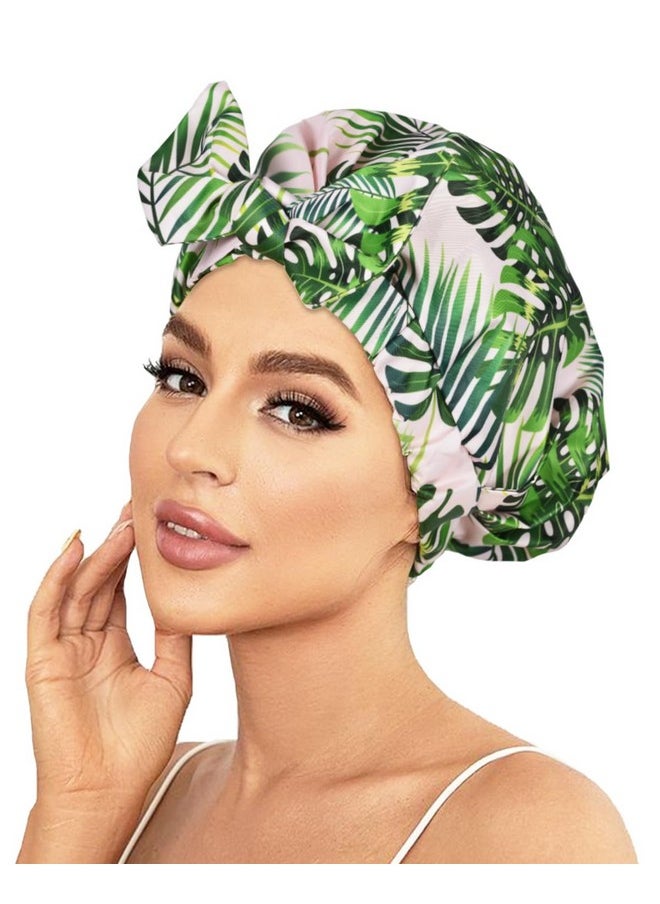 Luvruitaky - Shower Cap Luxury Shower Caps For Women Reusable Waterproof Hair Cap For Shower With Adjustable Bowknot Hair Bath Cap (Green Palm) - Image 1