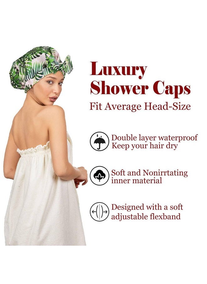 Luvruitaky - Shower Cap Luxury Shower Caps For Women Reusable Waterproof Hair Cap For Shower With Adjustable Bowknot Hair Bath Cap (Green Palm) - Image 1