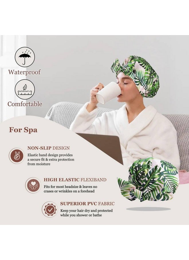 Luvruitaky - Shower Cap Luxury Shower Caps For Women Reusable Waterproof Hair Cap For Shower With Adjustable Bowknot Hair Bath Cap (Green Palm) - Image 1