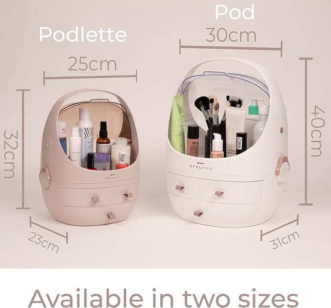 STYLPRO Beauty Storage Pod Cosmetics Skincare Organiser with 3 Drawers Detachable Lid Dustproof Cover Travel Handle for Dresser Bedroom Bathroom Home Organisation White 31x27x40cm