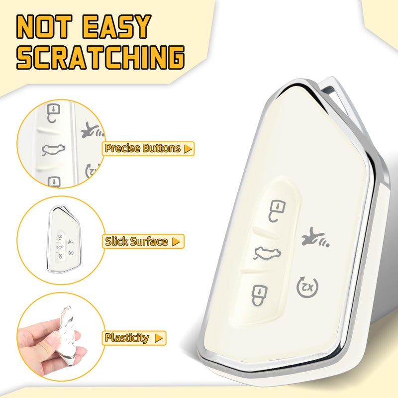 FT FUNTOR Key Fob Cover for Volkswagen,Soft TPU Full Protection Case Compatibale With VW Golf GTI Atlas Skoda Octavia ID3 ID4 MK8 (White, 5 Buttons) - Image 3