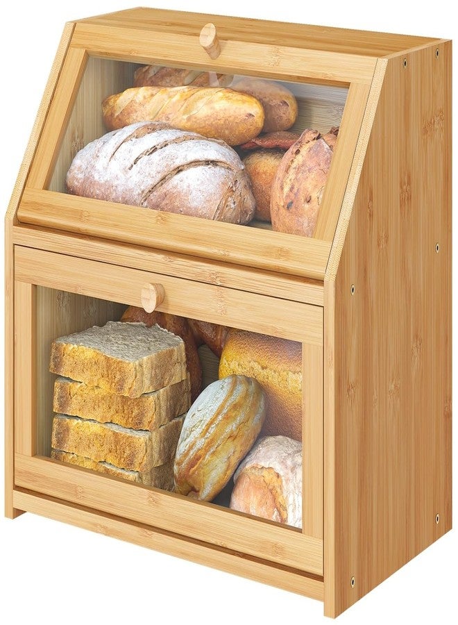 MUGATH Extra Large Bamboo Bread Box for Kitchen Counter — 2-Tier Wooden Bread Storage Container with Clear Window & Air Vents, Self-Assembly Design - Image 1