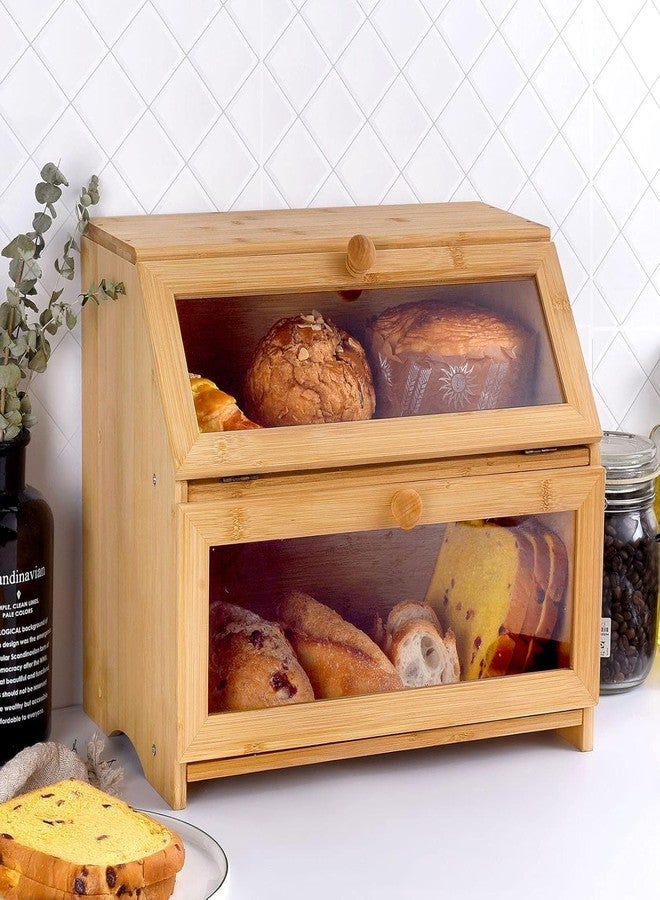 MUGATH Extra Large Bamboo Bread Box for Kitchen Counter — 2-Tier Wooden Bread Storage Container with Clear Window & Air Vents, Self-Assembly Design - Image 2