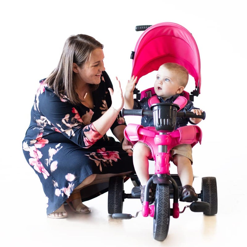 Joovy Joovy Tricycoo 41 Kids Tricycle with 4Stages Featuring ExtraWide Front Tire Removable and Adjustable Parent Handle Safety Harness MachineWashable Seat Pad and Retractable Canopy Pink 