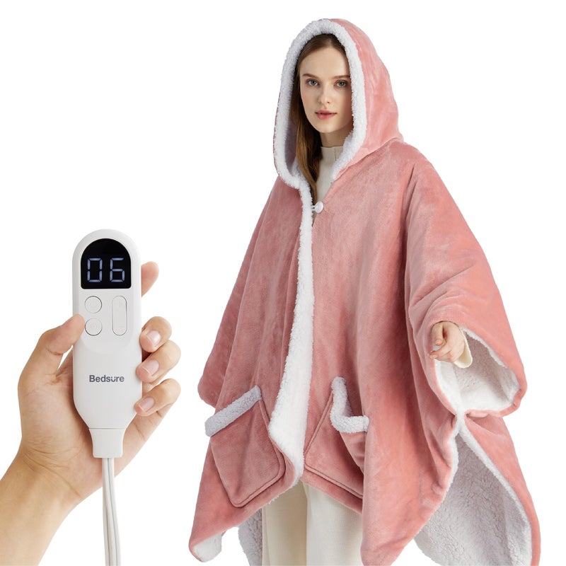 بطانية كهربائية قابلة للارتداء من Bedsure بغطاء دافئ بونشو هودي للبالغين هدايا شتوية للأم والنساء وصديقة دافئة شيربا مع إيقاف تلقائي 55x64 بوصة وردي