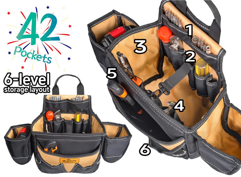 aupofit Professional Tool Belt with Suspenders 42 Pockets 1680D Durable Fabric, Heavy Duty Detachable Adjustable Tool Belt for Technician/Carpenter/Framer/Construction/Roofing/Contractor/Electrician (Khaki) - Image 4