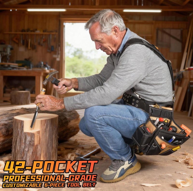 aupofit Professional Tool Belt with Suspenders 42 Pockets 1680D Durable Fabric, Heavy Duty Detachable Adjustable Tool Belt for Technician/Carpenter/Framer/Construction/Roofing/Contractor/Electrician (Khaki) - Image 2