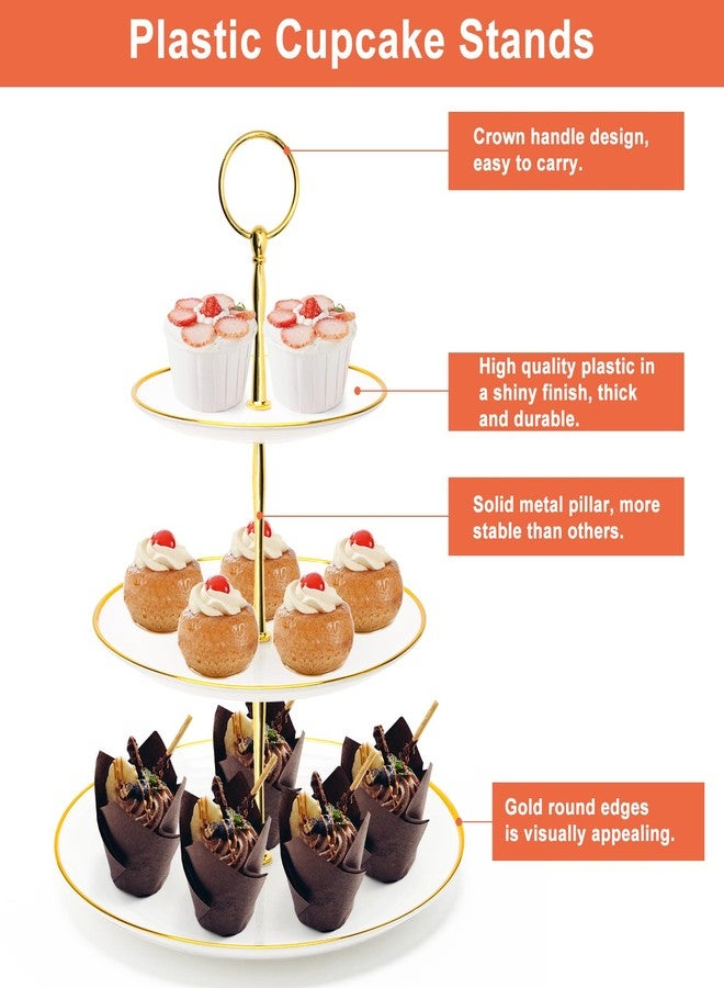 Coitak 3 Tier Cupcake Stand, Plastic Tiered Serving Stand, Dessert Tower Tray for Tea Party, Baby Shower and Wedding (Round-gold edge) - Image 4
