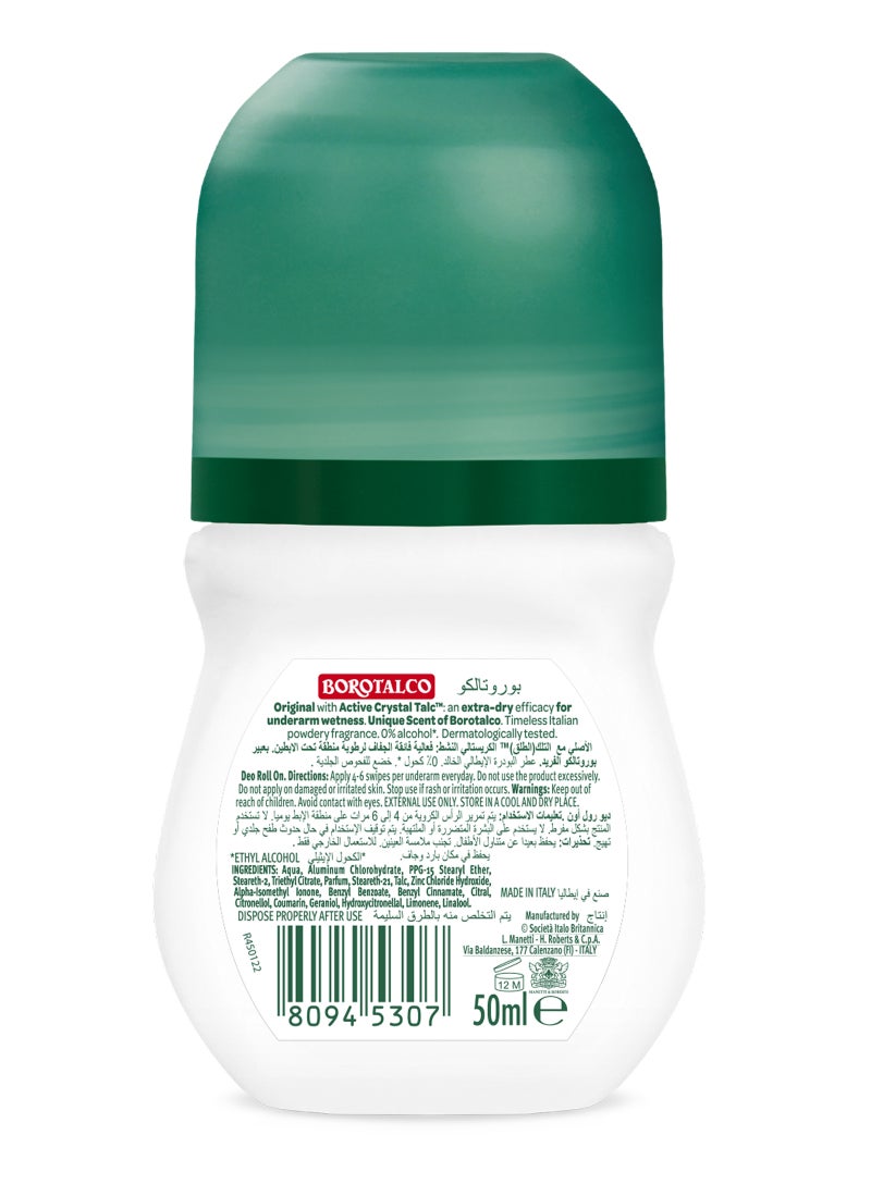 Borotalco Original Unique Scent of Borotalco With Active Crystal Talc Deodorant  Roll On 50ml - Image 2
