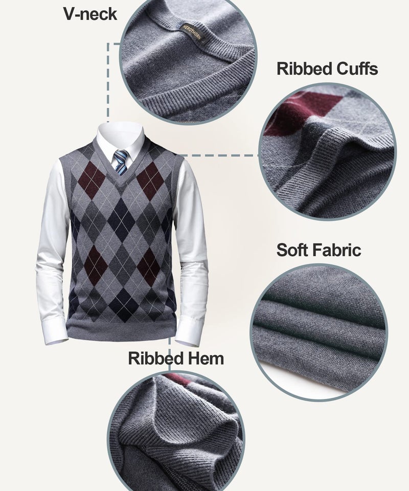 Herothorn Mens Thick Argyle Sweater Vests Classic V-Neck Knitwear Sleeveless Pullover Autumn Winter Warm Tank Tops Dark Grey - Image 4