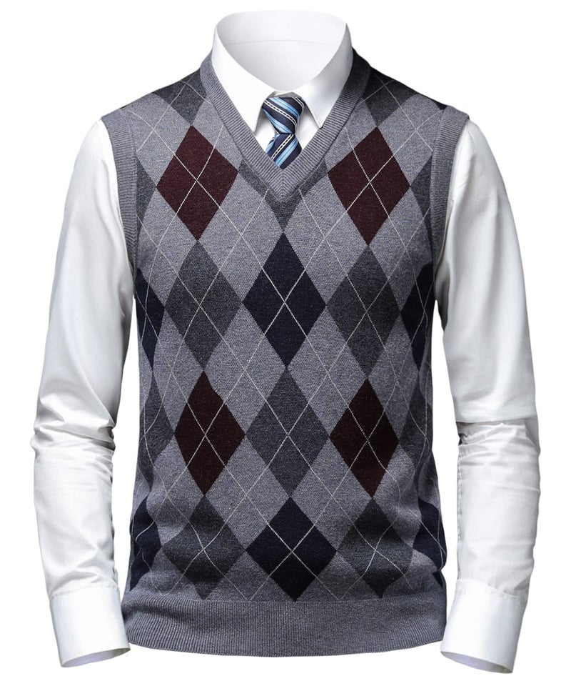 Herothorn Mens Thick Argyle Sweater Vests Classic V-Neck Knitwear Sleeveless Pullover Autumn Winter Warm Tank Tops Dark Grey - Image 2