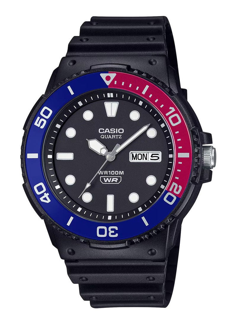Casio MRW-230H-1E2 Men's Analog Watch – Black Resin Strap, Day-Date Display, 100M Water Resistant,  blue and redAccents