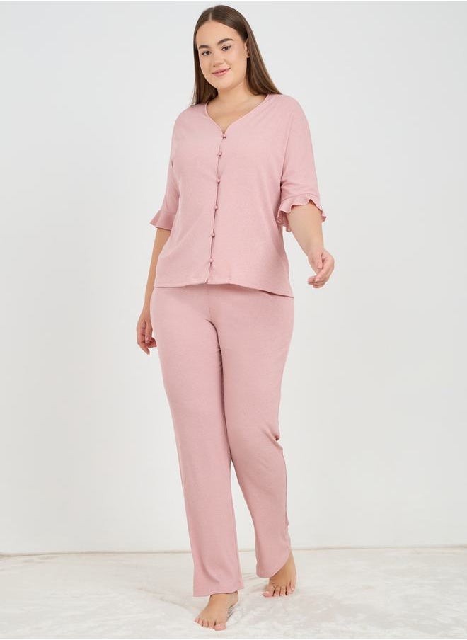 Rib Ruffle Sleeve Shirt & Pyjama Set