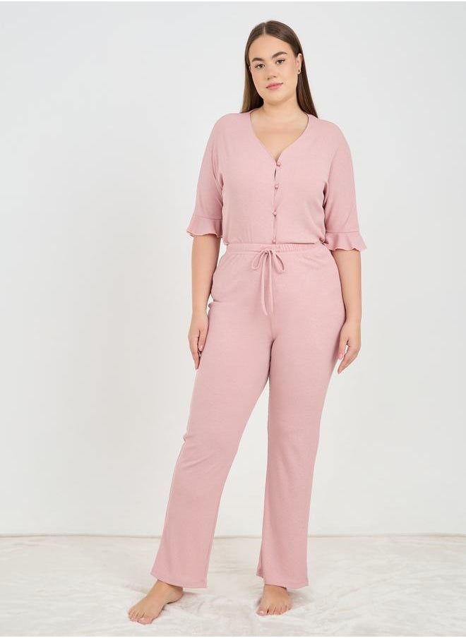 Rib Ruffle Sleeve Shirt & Pyjama Set