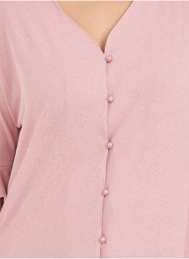 Rib Ruffle Sleeve Shirt & Pyjama Set